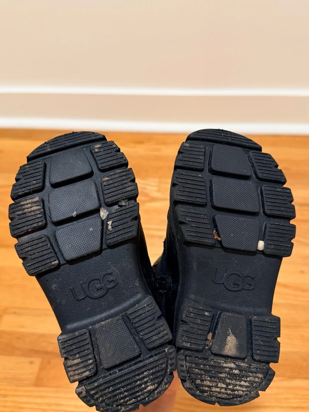UGG Black Boots with Gray Shearling and Red Laces